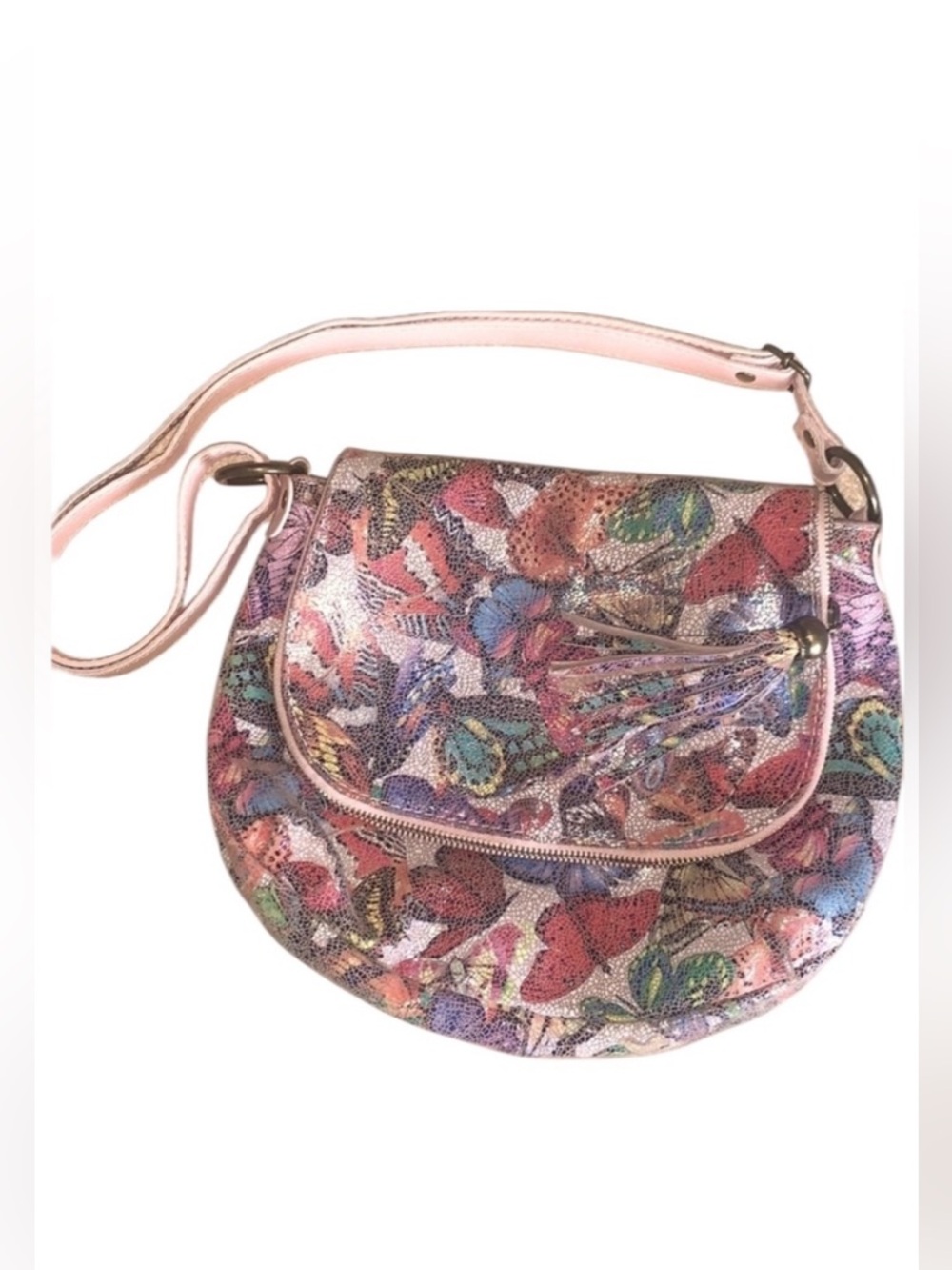 Made In Italy Butterfly Shoulder Bag, Leather, Muted Pink/Blue, Adj Strap.